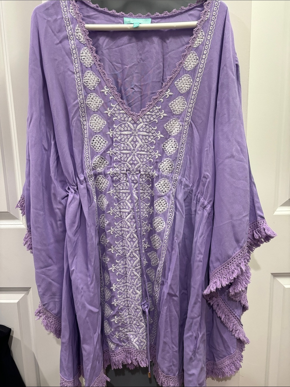 Melissa Odabash Lavender Embroidered V-Neck Fringe Tunic
